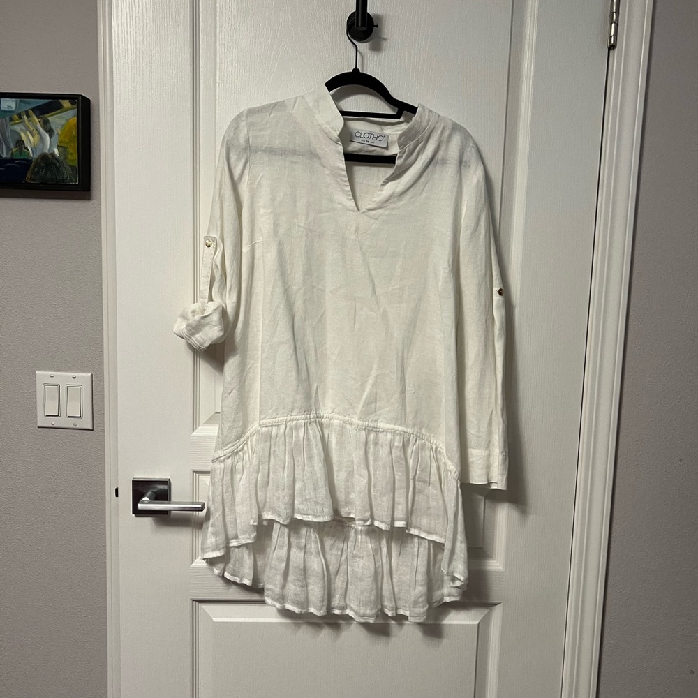 White linen mini high low dress.